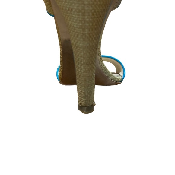 OSCAR DE LA RENTA - OPEN TOE BEIGE RAFFIA & TURQUOISE PATENT LEATHER - SZ 37 S8 - Picture 7 of 14